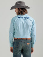 MEN'S WRANGLER® LOGO LONG SLEEVE WESTERN SNAP PRINT SHIRT IN TURQUOISE WHITE