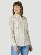 WOMEN'S WRANGLER RETRO® LONG SLEEVE SOUTHWESTERN STRIPE WESTERN SNAP SHIRT IN WHITE STRIPE*FREE SHIPPING* FREE GIFT*