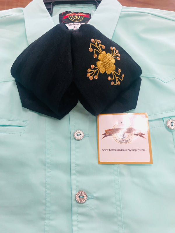 MOŇO CHARRO NEGRO BORDADO EN ORO A MANO . BLACK CHARRO TIE , HerraduraDeOro - HerraduraDeOro