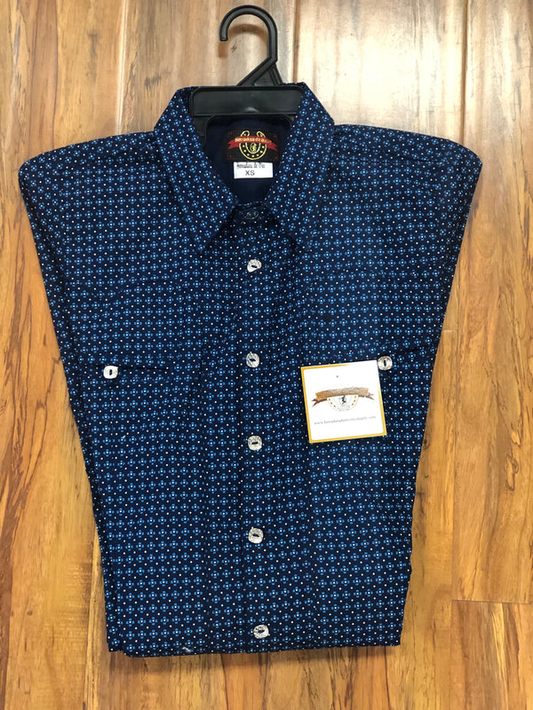 CAMISOLOA CHARRA AZUL ESTAMPADO DISTINTIVO. BLUE PAISLEY CHARRO SHIRT , HerraduraDeOro - HerraduraDeOro