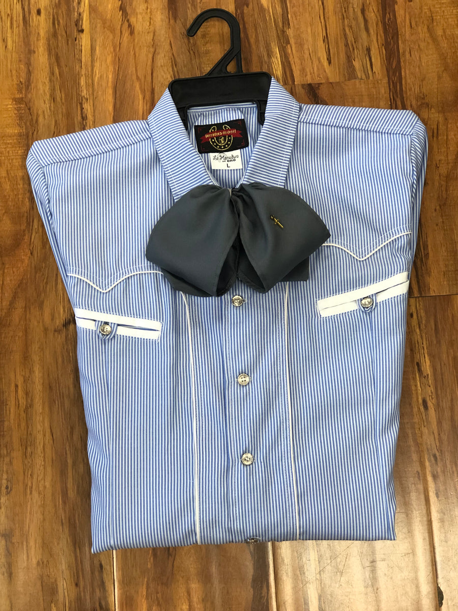 CAMISOLOA CHARRA COLOR AZUL Y BLANCA RAYADA.  BLUE AND WHITE CHARRO PINSTRIPE SHIRT , HerraduraDeOro - HerraduraDeOro