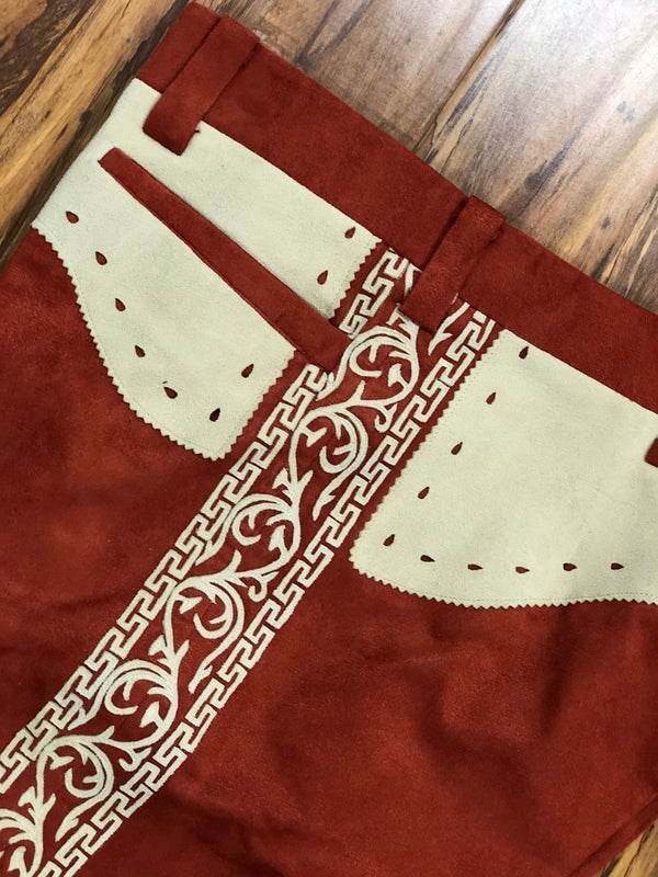 PANTALONES DE CHARRO. AUTHENTIC CHARRO PANTS THAT ARE LIGHT BRICK COLOR WITH A BONE COLOR SUEDE LEATHER STITCHED STENCEL ART WORK , HerraduraDeOro - HerraduraDeOro