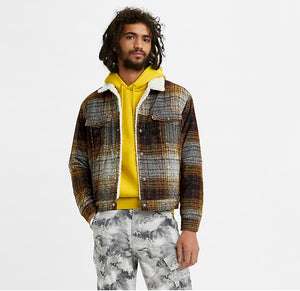 MUSTARD YELLOW PLAID-BROWN VINTAGE FIT SHERPA TRUCKER JACKET