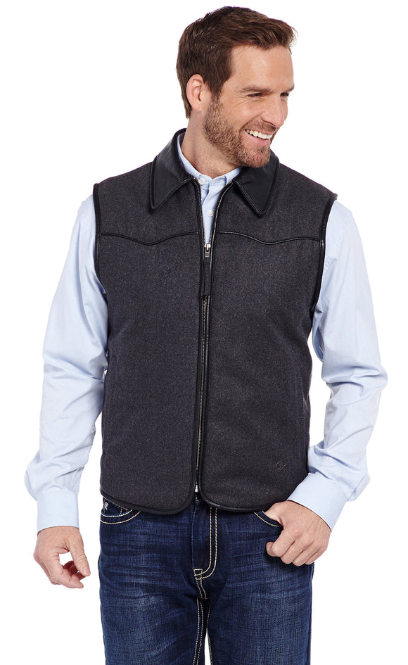 Zip Front Wool Melton Vest With Faux Leather Trim , CRIPPLE CREEK - HerraduraDeOro