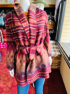 Women's Wine Navajo Tie-Front Blanket Hooded Wrap Jacket
