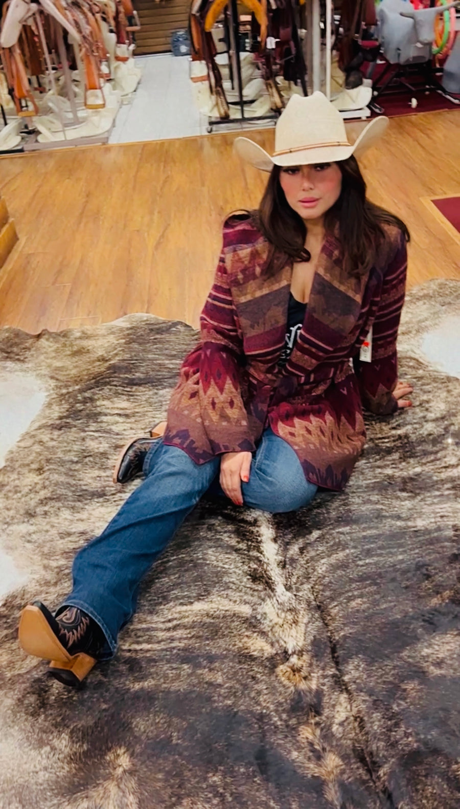 Women's Wine Navajo Tie-Front Blanket Hooded Wrap Jacket