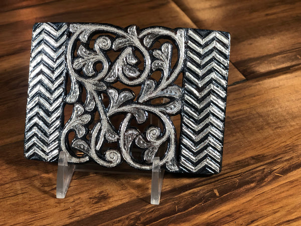 HEBILLA CHARRA DE PAVON CALADA CON INCRUSTACIONES DE PLATA. ELABORADA DE ARTESANIA. CHARRO BELT BUCKLE
