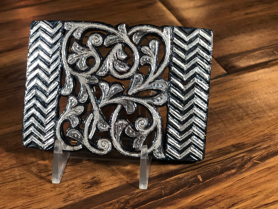 HEBILLA CHARRA DE PAVON CALADA CON INCRUSTACIONES DE PLATA. ELABORADA DE ARTESANIA. CHARRO BELT BUCKLE