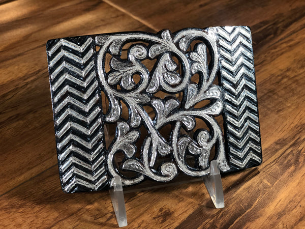 HEBILLA CHARRA DE PAVON CALADA CON INCRUSTACIONES DE PLATA. ELABORADA DE ARTESANIA. CHARRO BELT BUCKLE