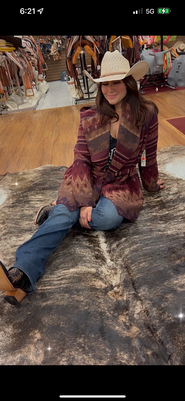 Women's Wine Navajo Tie-Front Blanket Hooded Wrap Jacket