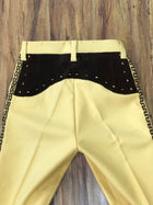 PANTALONES DE CHARRO. AUTHENTIC CHARRO PANTS THAT ARE YELLOW  WITH BROWN SUEDE LEATHER STITCHED STENCIL ART WORK , HerraduraDeOro - HerraduraDeOro