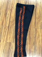 PANTALON DE CHARRO. AUTHENTIC CHARRO PANTS THAT ARE DARK HEAVY WOOL NAVY COLOR WITH CARROTS SUEDE LEATHER STITCHED STENCIL ART WORK , HerraduraDeOro - HerraduraDeOro