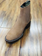 BOTINE CHARRO COLOR MIEL GAMOSA DE DOBLE COSTURA. MEXICAN SUEDE DOUBLE SEAM LEATHER ANKLE BOOT , HerraduraDeOro - HerraduraDeOro