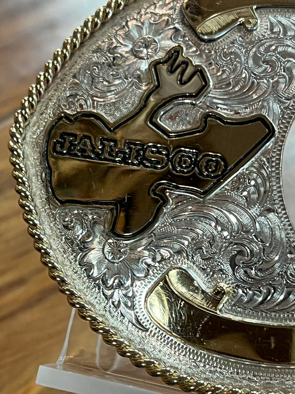 HEBILLA CON MAPA DE JALISCO DE PLATA CON ALPACA ORO