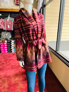 Women's Wine Navajo Tie-Front Blanket Hooded Wrap Jacket