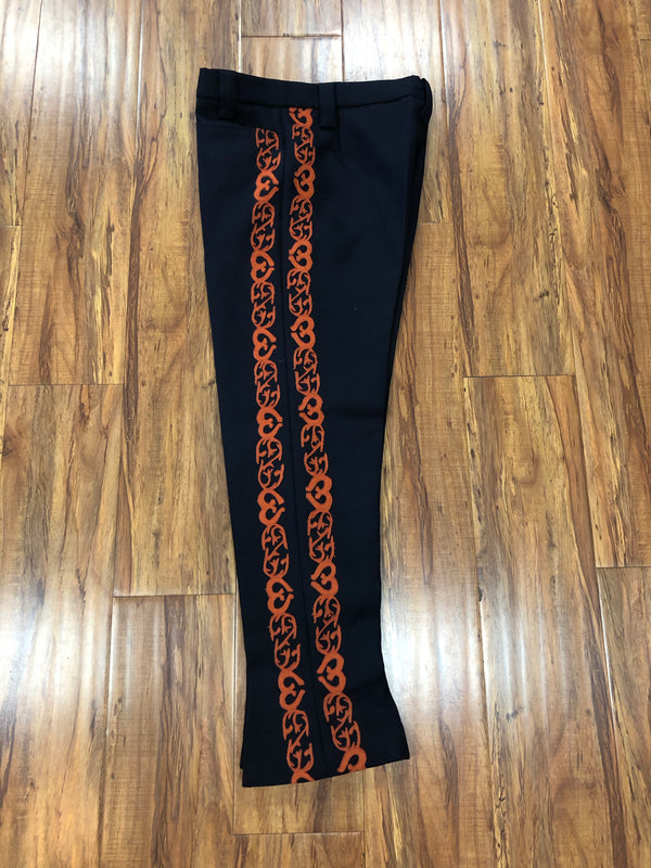 PANTALON DE CHARRO. AUTHENTIC CHARRO PANTS THAT ARE DARK HEAVY WOOL NAVY COLOR WITH CARROTS SUEDE LEATHER STITCHED STENCIL ART WORK , HerraduraDeOro - HerraduraDeOro