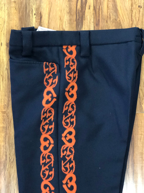 PANTALON DE CHARRO. AUTHENTIC CHARRO PANTS THAT ARE DARK HEAVY WOOL NAVY COLOR WITH CARROTS SUEDE LEATHER STITCHED STENCIL ART WORK , HerraduraDeOro - HerraduraDeOro
