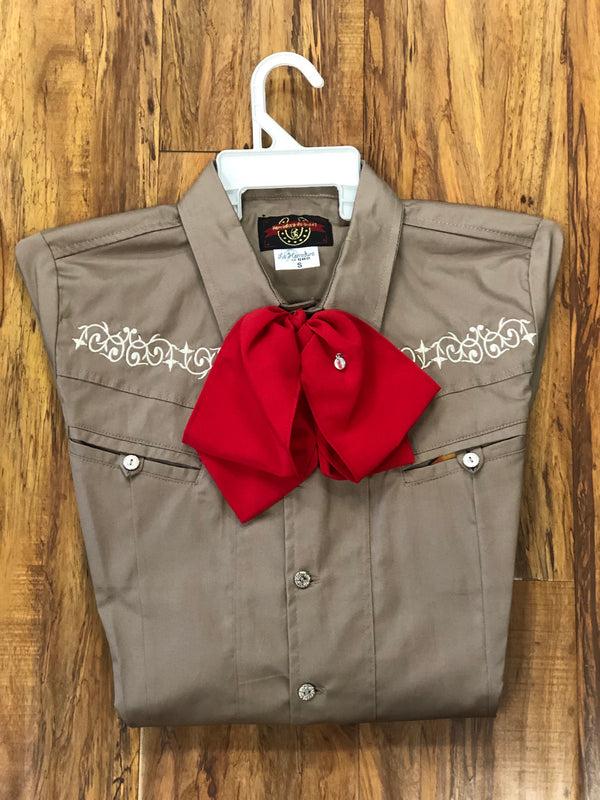 CAMISOLOA CHARRA BORDADA COLOR CAFE. DARK TAN COLOR CHARRO SHIRT , HerraduraDeOro - HerraduraDeOro