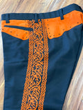 PANTALONES DE CHARRO CON GRECA. AUTHENTIC CHARRO PANTS THAT ARE WINE COLOR WITH TAN SUEDE LEATHER STITCHED STENCEIL ART WORK