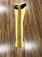 PANTALONES DE CHARRO. AUTHENTIC CHARRO PANTS THAT ARE YELLOW  WITH BROWN SUEDE LEATHER STITCHED STENCIL ART WORK , HerraduraDeOro - HerraduraDeOro