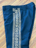 PANTALONES DE CHARRO CON GRECA. AUTHENTIC CHARRO PANTS THAT ARE WINE COLOR WITH TAN SUEDE LEATHER STITCHED STENCEIL ART WORK