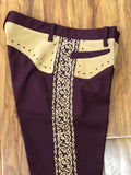 PANTALONES DE CHARRO. AUTHENTIC CHARRO PANTS THAT ARE DARK WINE WITH LIGHT BROWN SUEDE LEATHER STITCHED STENCIL ART WORK , HerraduraDeOro - HerraduraDeOro