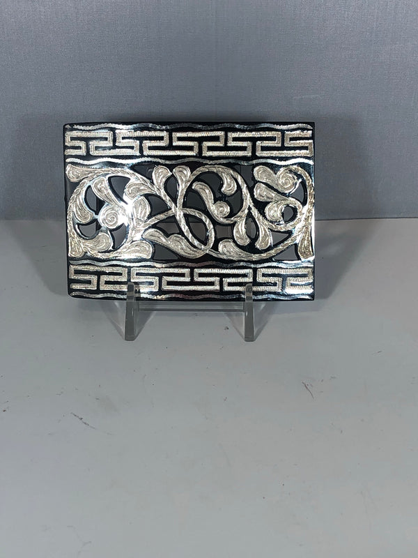 HEBILLA DE PAVON CALADA CON INCRUSTACIONES DE PLATA. ELABORADA DE ARTESANIA. CHARRO BELT BUCKLE - HerraduraDeOro
