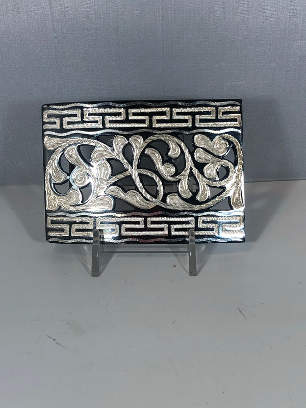 HEBILLA DE PAVON CALADA CON INCRUSTACIONES DE PLATA. ELABORADA DE ARTESANIA. CHARRO BELT BUCKLE - HerraduraDeOro