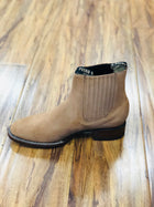 BOTINE CHARRO COLOR MIEL GAMOSA DE DOBLE COSTURA. MEXICAN SUEDE DOUBLE SEAM LEATHER ANKLE BOOT , HerraduraDeOro - HerraduraDeOro