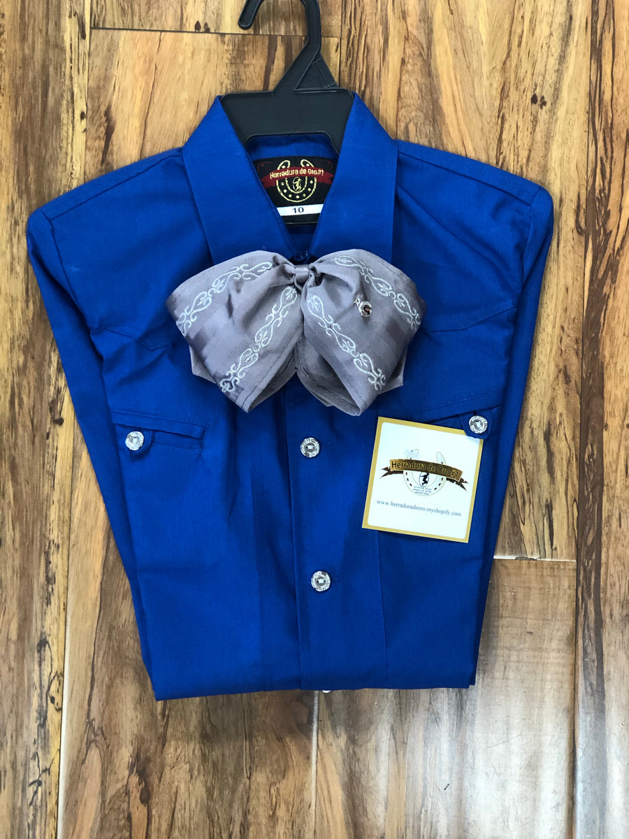 CAMISOLOA CHARRA COLOR AZUL REAL DE NIŇO. ROYAL BLUE COLOR KIDS CHARRO SHIRT , HerraduraDeOro - HerraduraDeOro