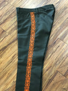 PANTALONES DE CHARRO CON GRECA. AUTHENTIC CHARRO PANTS THAT ARE GREEN COLOR WITH CARROT SUEDE LEATHER STITCHED STENCEIL ART WORK