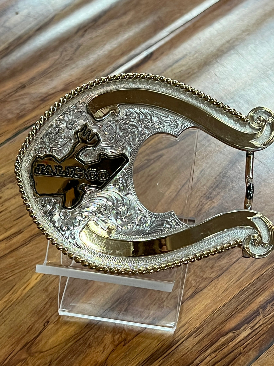 HEBILLA CON MAPA DE JALISCO DE PLATA CON ALPACA ORO