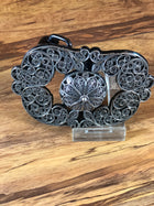 HEBILLA CHARRA FILIGRANA. CHARRO BUCKLE WITH A CONCHO IN THE MIDDLE WITH FILIGRANA WORK